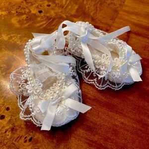 Baby girl baptism christening slippers shoes flats lace and beaded with pearl
